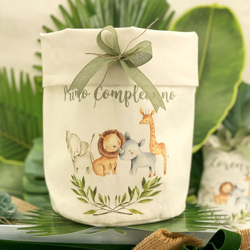 Bomboniere nascita e battesimo sacco confettata personalizzato elefante, leone, giraffa, rinoceronte