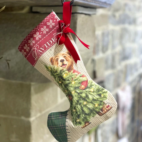 Calza befana personalizzata orso, albero di natale